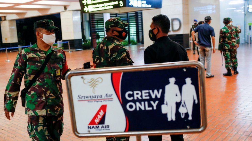 Indonesian soldiers are seen at Soekarno-Hatta International Airport after Sriwijaya Air plane disappears shortly after taking off from there in Tangerang, near Jakarta, Indonesia, on 9 January 2020