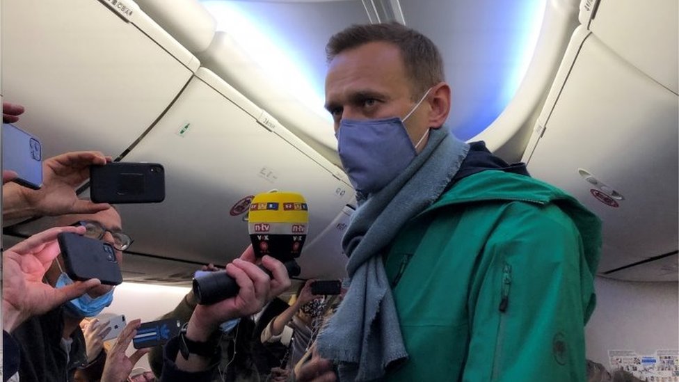Alexei Navalny on board a passenger plane in Berlin, Germany. Photo: 17 January 2021