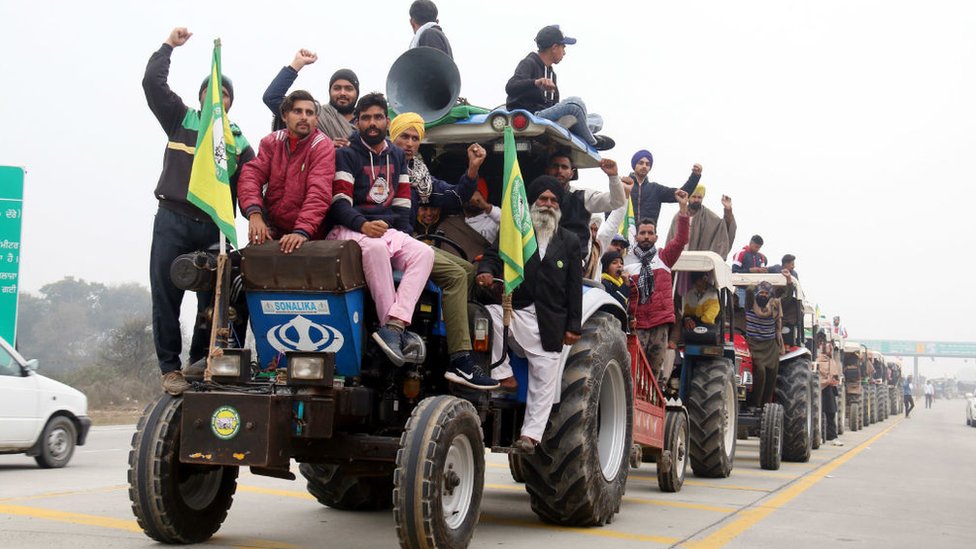 A row of tractors during a rehearsal by farmers ahead of the proposed tractor rally on Republic Day, at Lehra Bega toll plaza, on January 24, 2021 in Bathinda, India.