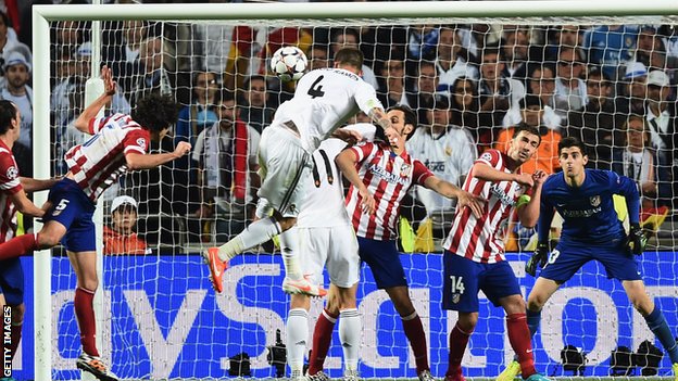 Sergio Ramos scores Real Madrid's first goal in the Champions League final against Atletico Madrid in 2014