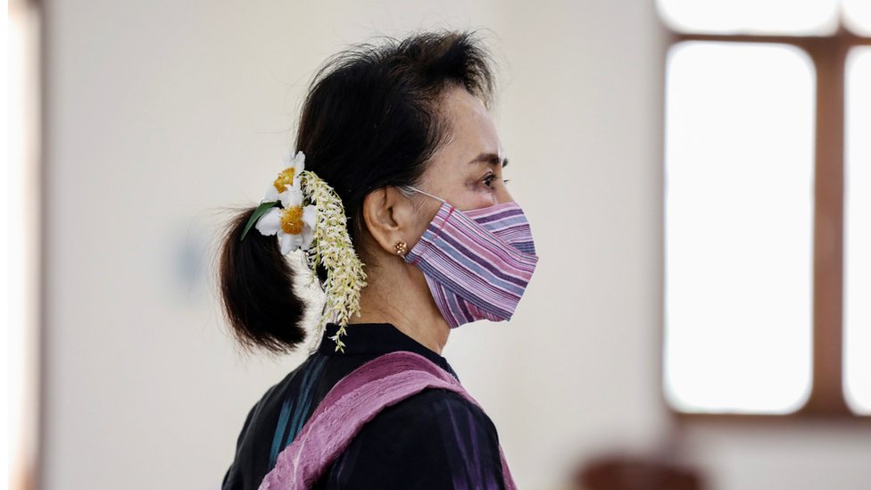 Aung San Suu Kyi at a coronavirus vaccination clinic in January, Naypyitaw, Myanmar