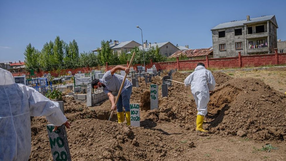 Workers bury the bodies of unidentified victims recovered from Lake Van