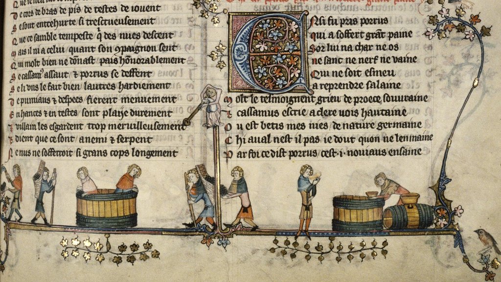 Cistercian numbers are used in this illustration of winemaking which appeared in a Flemish manuscript from the 14th Century