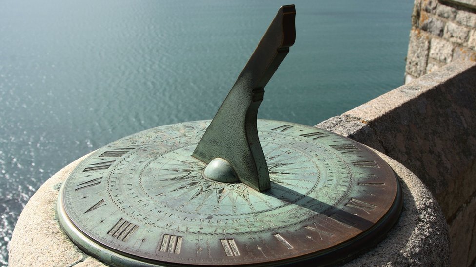 An ancient sundial on the castle walls of Saint Michael's Mount, Cornwall, England