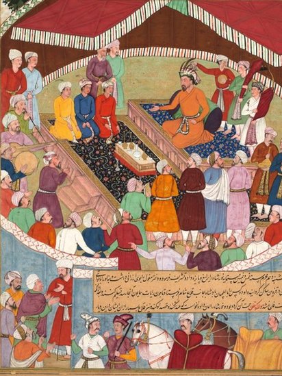 Hulagu Khan giving a feast. illustration circa 1596-1600