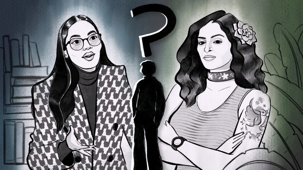 Seksualno nasilje u Indiji: Žene istražuju - zašto muškarci siluju 1 Cartoon illustration of two woman and a silhouette of a man with a question mark over his head