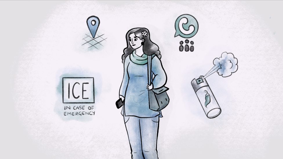 Cartoon illustration of a woman standing with a bag on her shoulders and surrounded by depictions of various measures she takes for her safety, including pepper spray and sharing her live location.