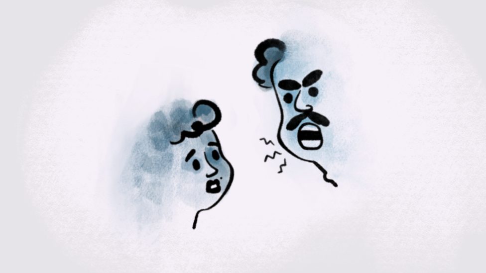 Cartoon illustration of a man screaming at a woman who carries a terrified face
