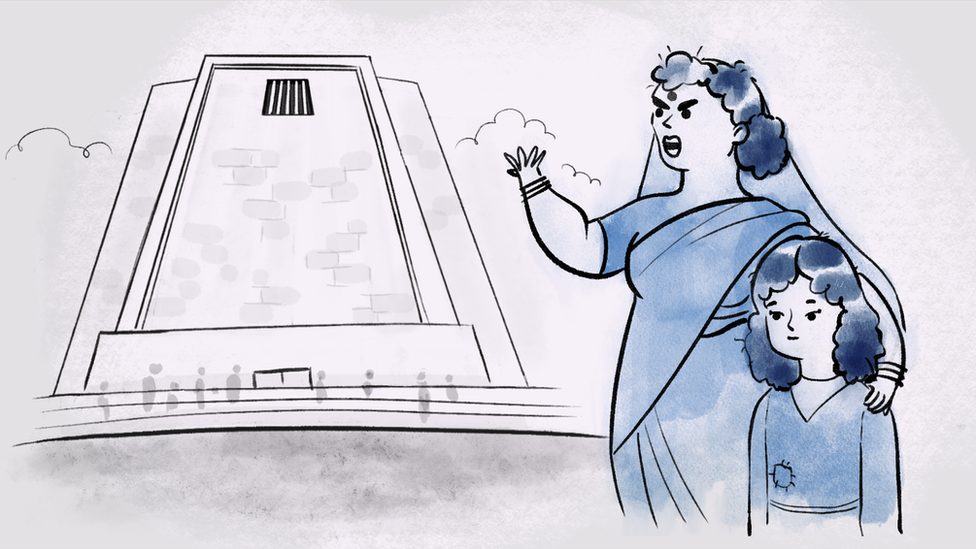 Cartoon illustration of a mother raising a hand at the judicial court building to demand justice for her daughter, who is a rape survivor and is standing beside her.