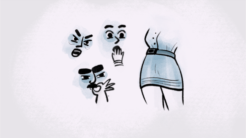 Cartoon illustration showing various men's expressions as a reaction towards a woman wearing a short skirt