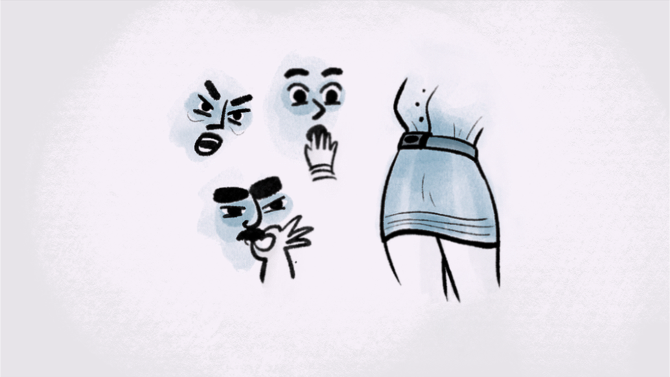 Seksualno nasilje u Indiji: Žene istražuju - zašto muškarci siluju 6 Cartoon illustration showing various men's expressions as a reaction towards a woman wearing a short skirt