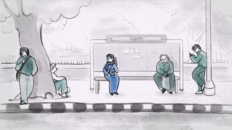 Cartoon illustration showcasing a bus stop with four men and just one woman