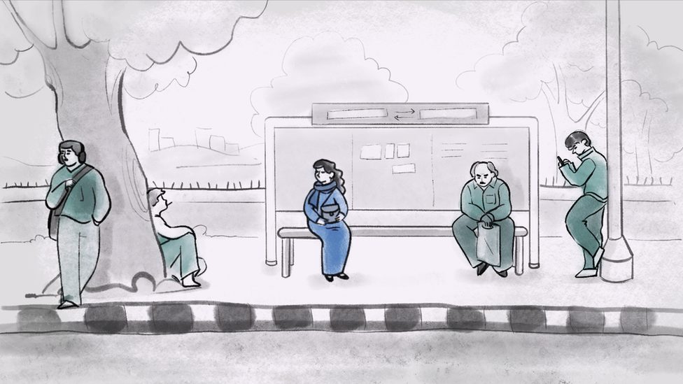 Seksualno nasilje u Indiji: Žene istražuju - zašto muškarci siluju 7 Cartoon illustration showcasing a bus stop with four men and just one woman
