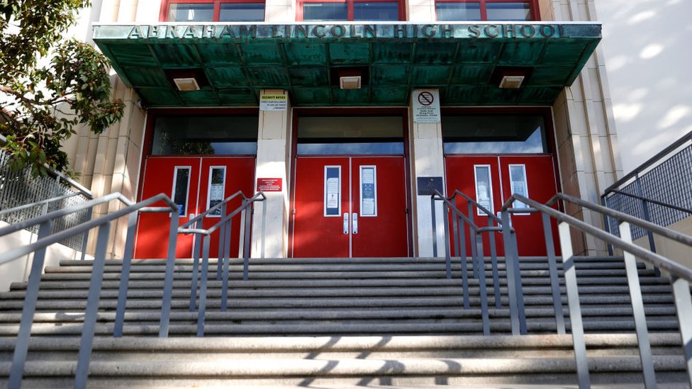 Stairs lead to the entrance of Abraham Lincoln High School in San Francisco, California