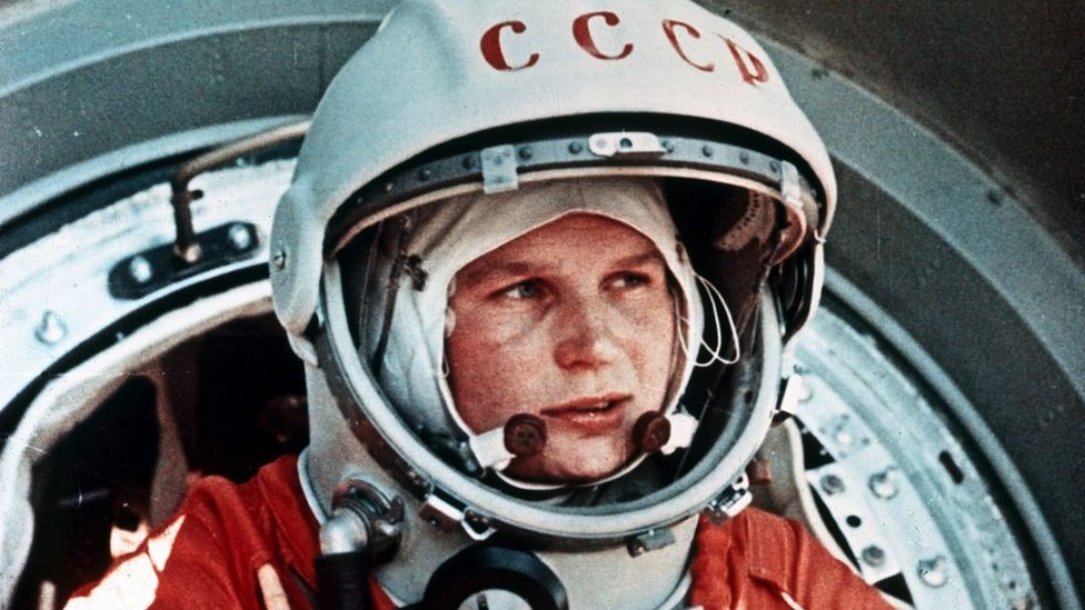 Soviet cosmonaut Valentina Tereshkova, the first woman in space, in front of the Vostok 6 capsule, June 1963.
