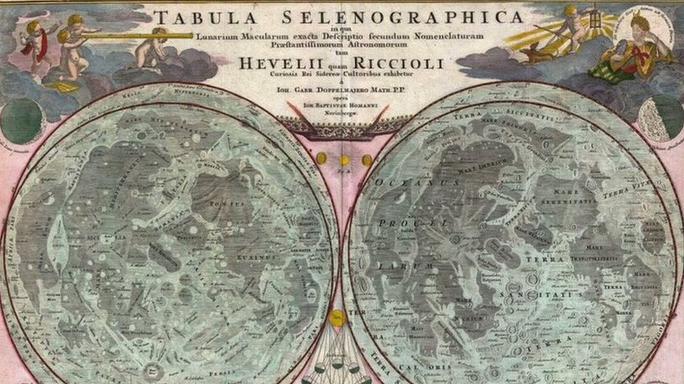 Svemir i imena: Zašto samo 26 žena ima svoj krater na Mesecu 4 Reproduction of an old lunar cartography: 1707, Homann and Doppelmayr Map of the Moon, based on Riccioli's