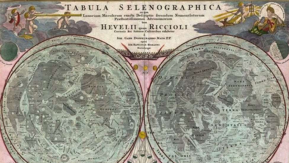 Reproduction of an old lunar cartography: 1707, Homann and Doppelmayr Map of the Moon, based on Riccioli's