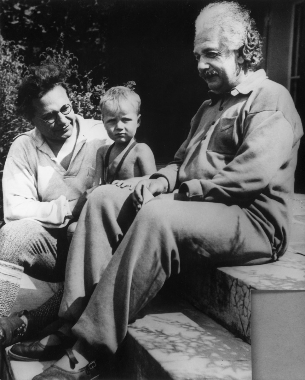 Black and white picture of Albert Einstein, his son Hans Albert, and his grandson Bernhard (1936).