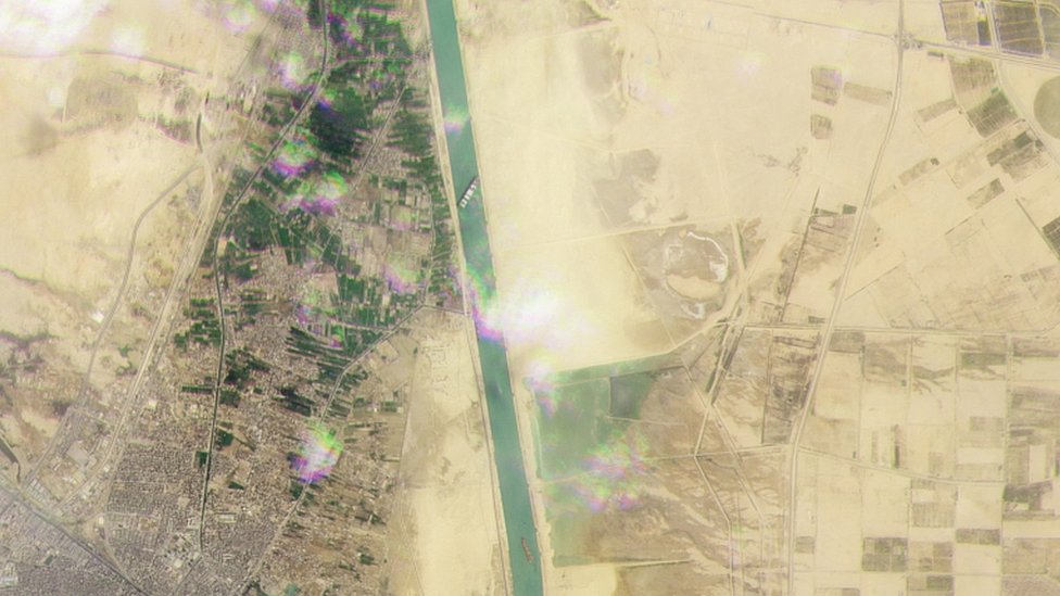Satellite image shows the Ever Given across the Suez Canal. 24 March 2021