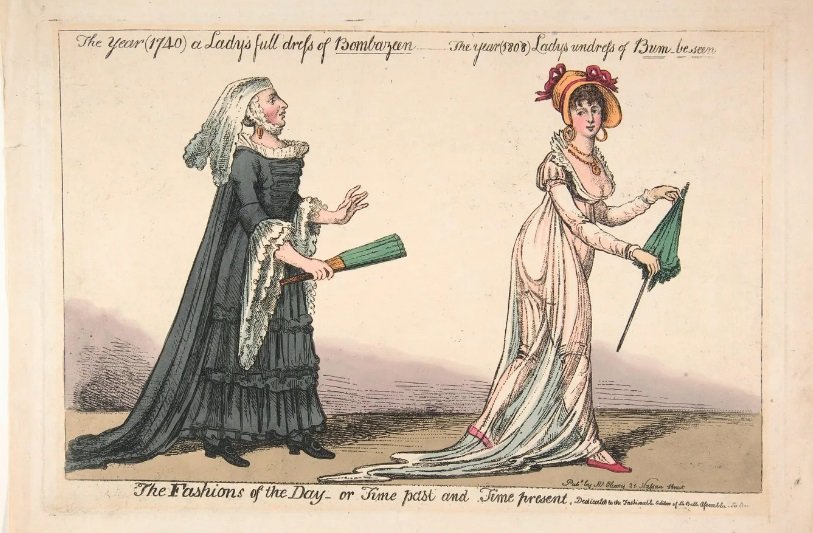 Satirični grafičari iz 19. veka uživali su ističući opasnosti od muslin haljina, kao što je rizik da se pojave goli pod jakom sunčevom svetlošću, vetrom ili kišom