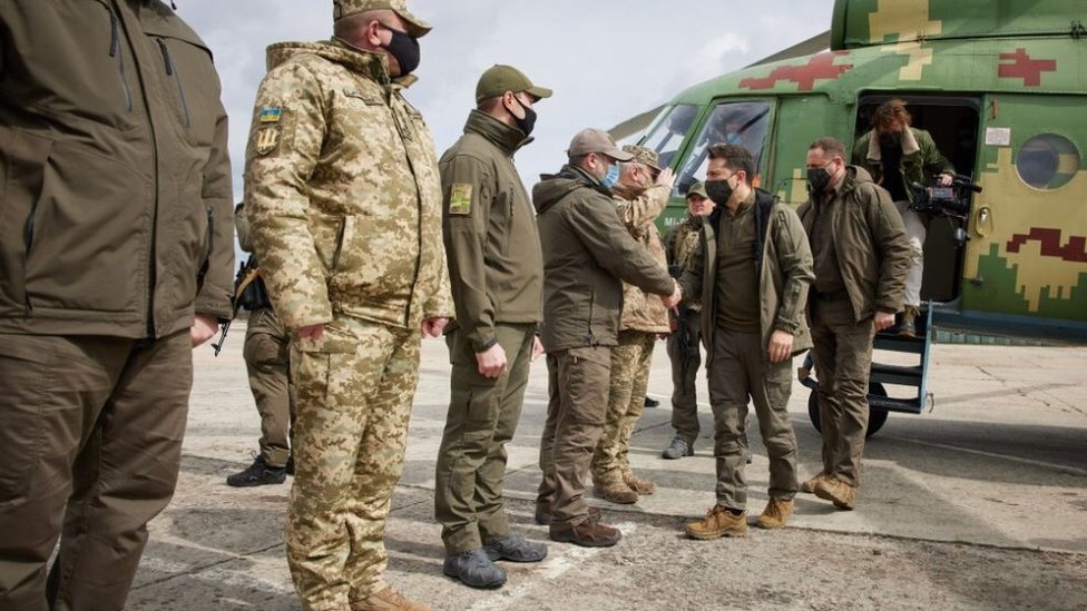 Ukraine's President Zelensky visits troops in the Donbas region or Ukraine