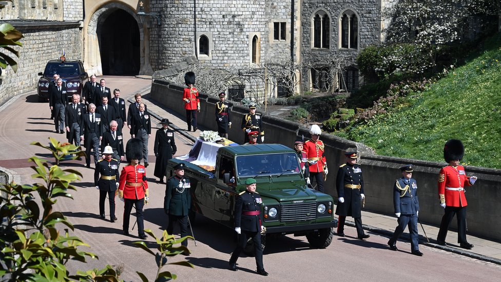 The Land Rover carrying the coffin of the Duke of Edinburgh in procession at Windsor Castle