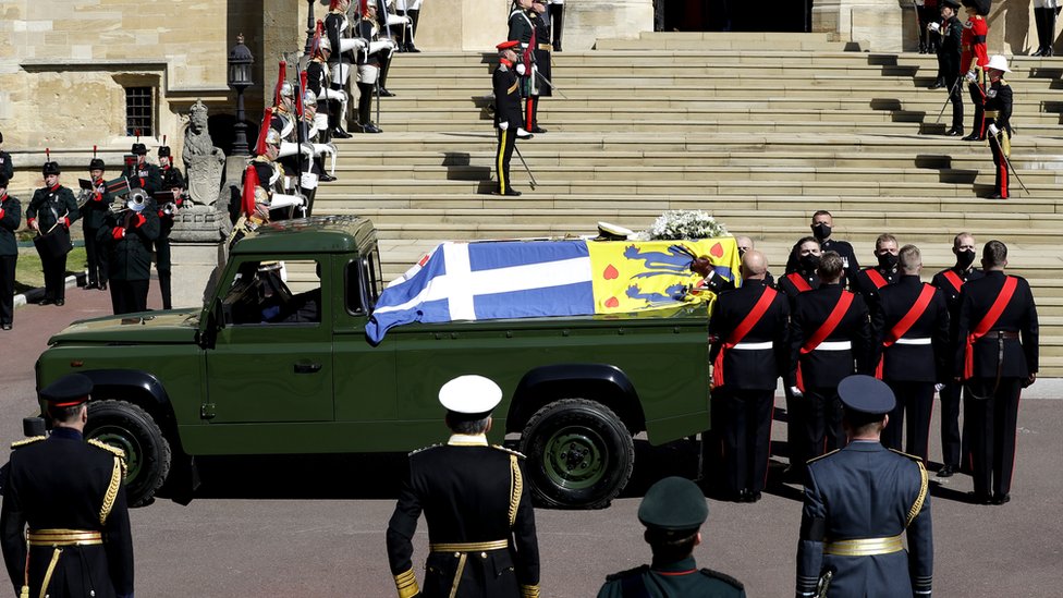 The Duke of Edinburgh's coffin on the modified Land Rover