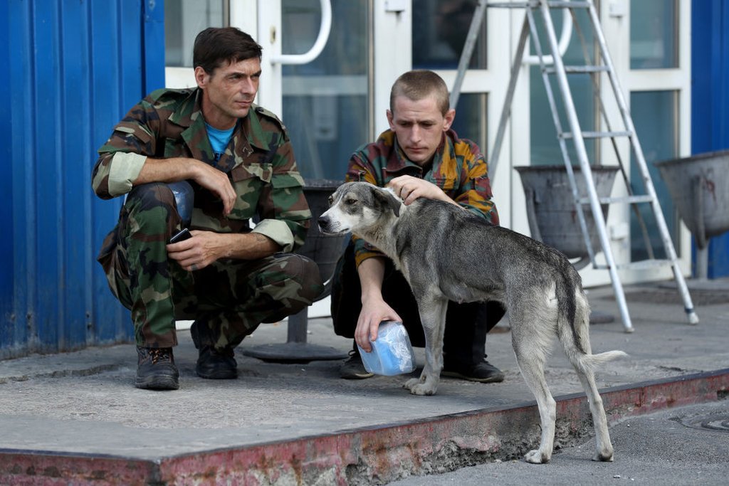 Ukrajina i katastrofa u Černobilju: Čuvari koji brinu o napuštenim psima u ozračenoj zoni 4 Guards on a break pet a stray dog they have named Bulka outside an administrative building inside the exclusion zone at the Chernobyl nuclear power plant on August 18, 2017 near Chornobyl, Ukraine.