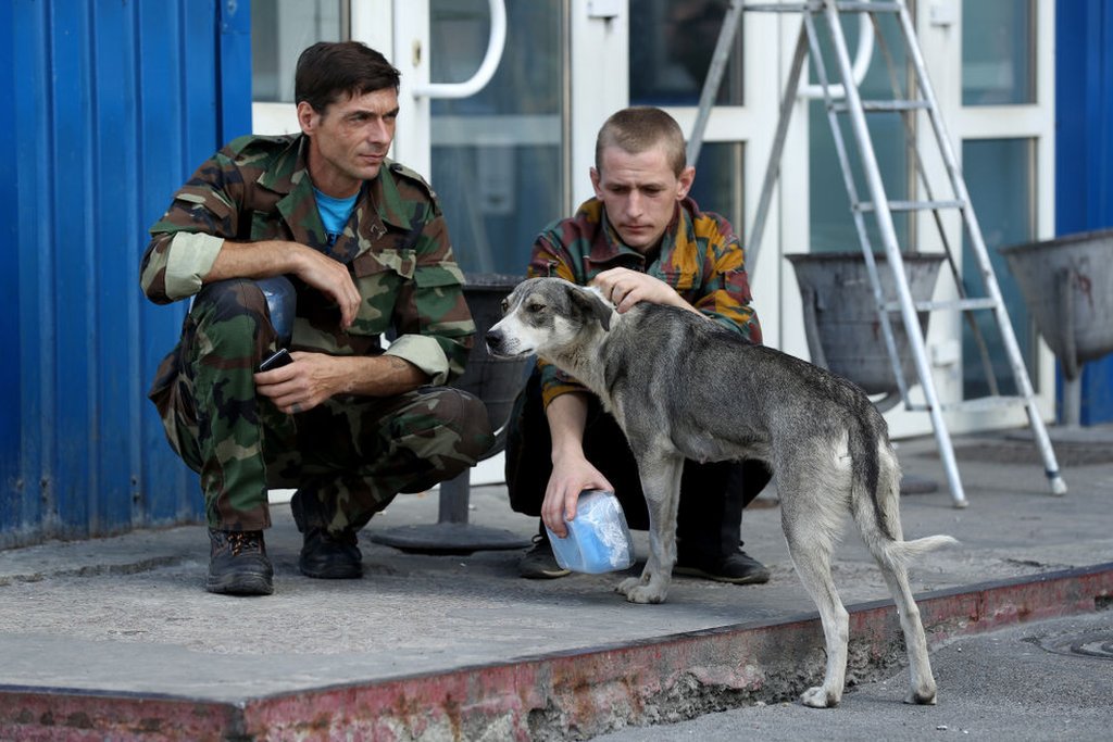 Guards on a break pet a stray dog they have named Bulka outside an administrative building inside the exclusion zone at the Chernobyl nuclear power plant on August 18, 2017 near Chornobyl, Ukraine.