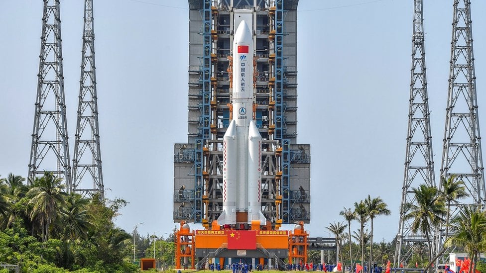 The Long March-5B Y2 rocket, carrying the core module of China"s space station Tianhe, sits at the launch pad of Wenchang Space Launch Center