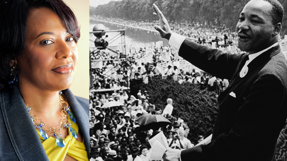 Picture of Bernice King next to an archive picture of Martin Luther King addressing the crowds at the march on Washington in August 1963