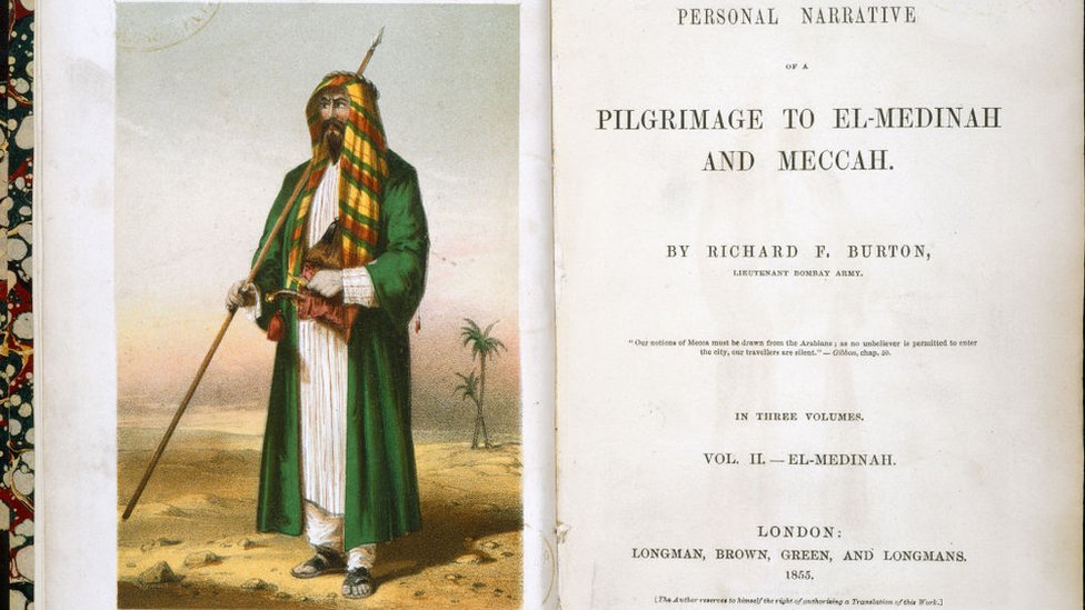 Portret Bёrtona v kostюme šeйha Abdula na titulьnom liste pervogo izdaniя o putešestvii v Mekku i Medinu.