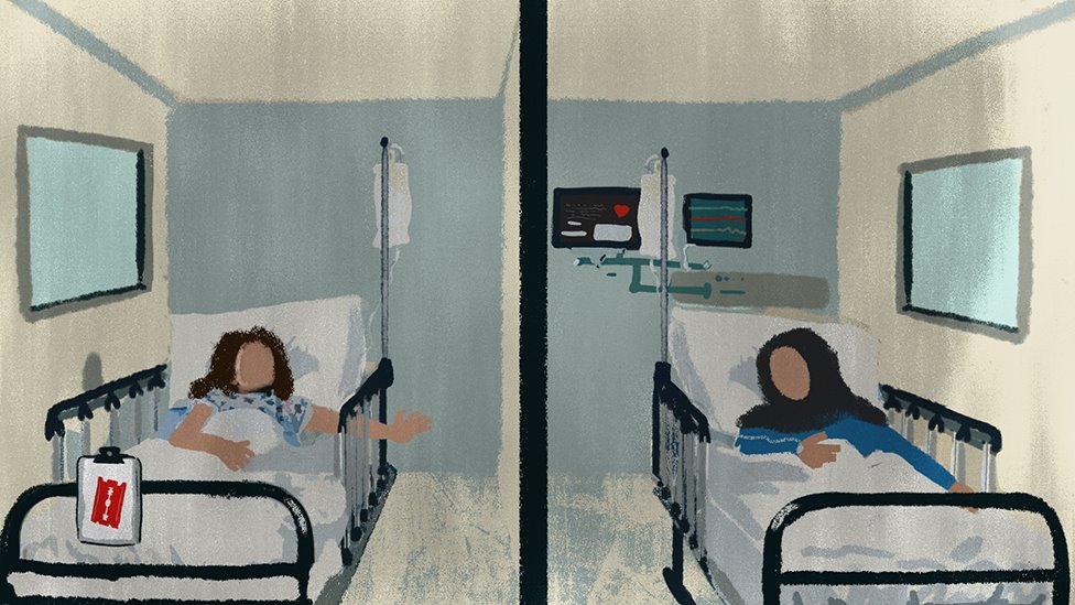 A girl reaches out from her hospital bed towards her mother, who is another room in another hospital bed