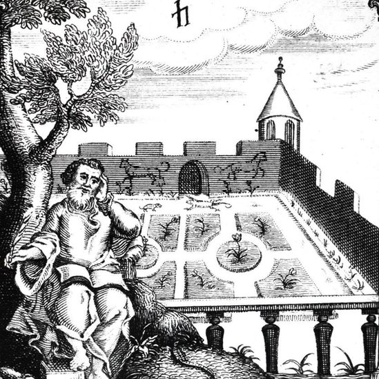 A 19th Century woodcut engraving depicting a man holding his head. He's sitting under a tree in a walled garden with gazebo. The illustration is a detail from the frontispiece of Robert Burton's "The Anatomy of Melancholy", initially published in 1621.