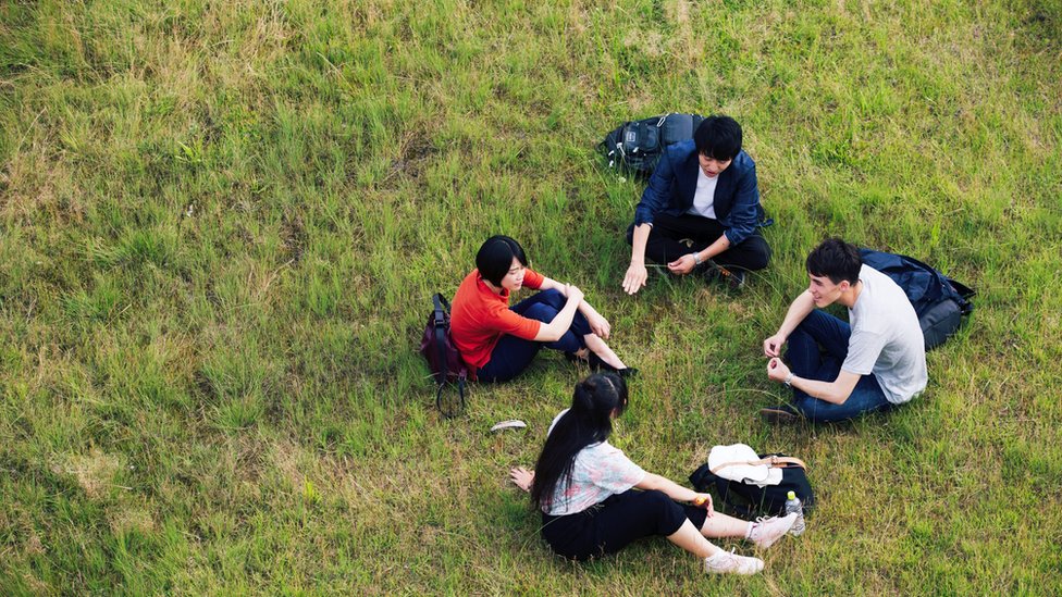 Four young people are talking while sitting on a lawn, socially distancing
