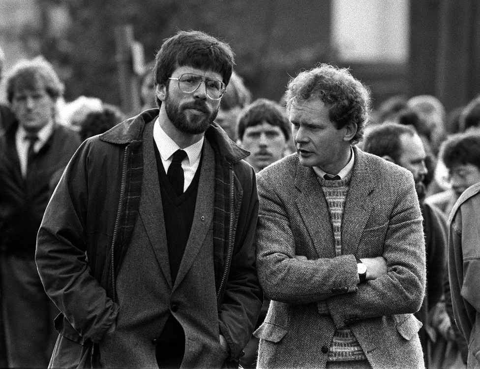 Gerry Adams and Martin McGuinness at a funeral in 1987