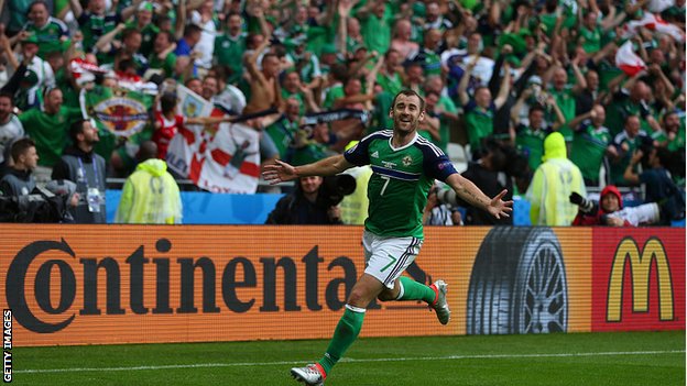 Niall McGinn celebrates scoring against Ukraine at Euro 2016