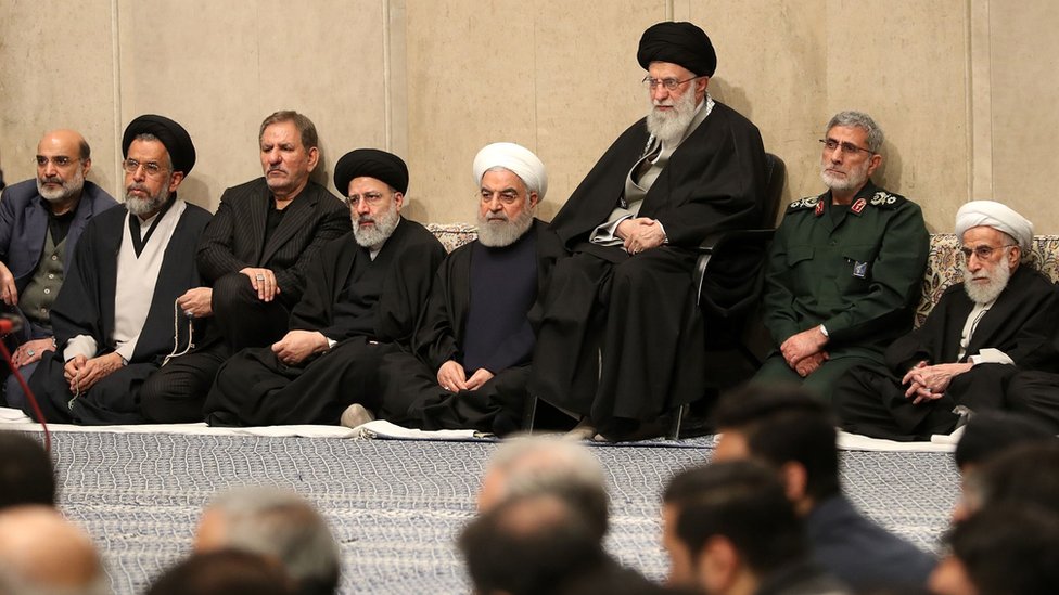 Iranian Supreme Leader Ayatollah Ali Khamenei (3rd right), Quds Force chief Gen Esmail Qaani (2nd right), President Hassan Rouhani (4th right), judiciary chief Ebrahim Raisi (4th left), chairman of the Assembly of Experts Ahmad Jannati (R), attend a memorial for Qasem Soleimani in Tehran, Iran on 9 January 2020
