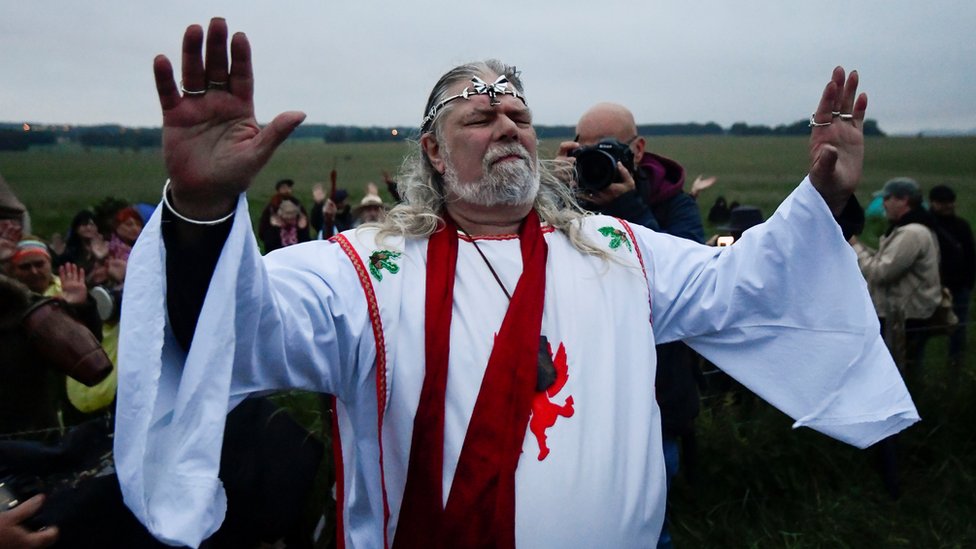 Arch-Druid Arthur Pendragon speaks in front of Stonehenge ancient stone circle, during the celebrations of the Summer Solstice, despite official events being cancelled amid the spread of the coronavirus disease