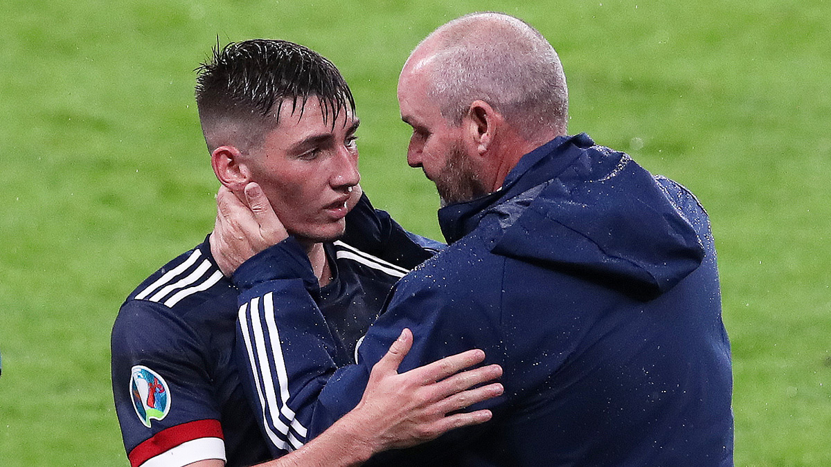 Billy Gilmour with Scotland Manager Steve Clarke at the England v Scotland match