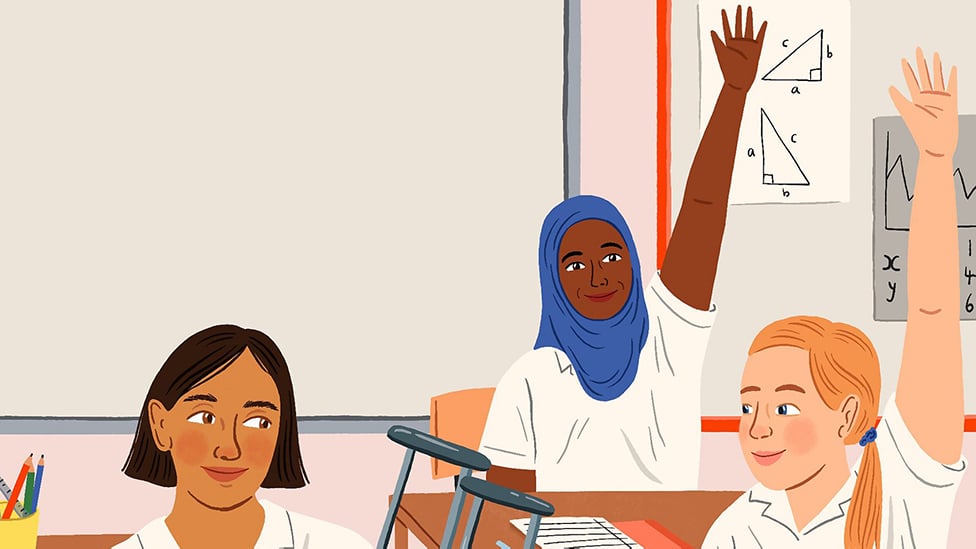 Illustration showing three girls at school