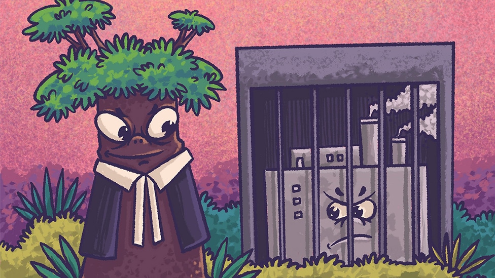 A tree dressed as a lawyer looks at a polluting factory locked up in prison