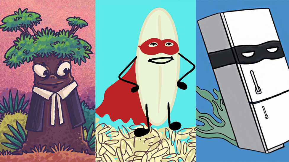 Collage featuring a tree dressed as a lawyer, a grain of rice dressed as a superhero and a fridge, dressed as a villain fleeing