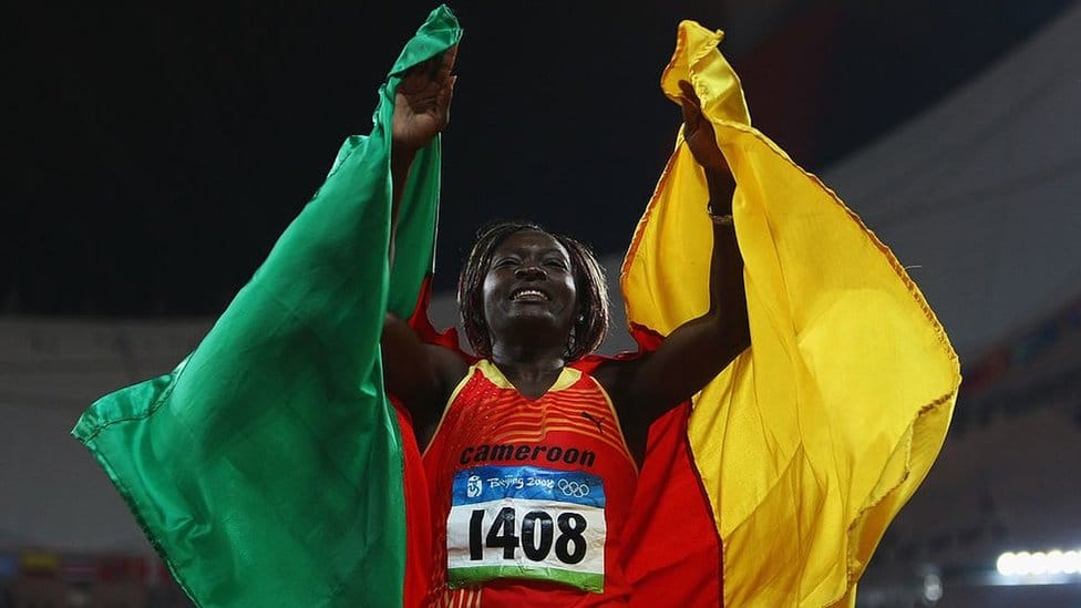 Francoise Mbango Etone celebrating in Beijing