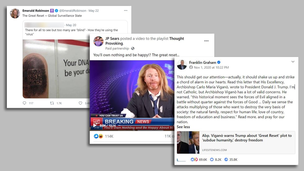 Korona virus, klimatske promene i teorije zavere: Šta je „Veliki reset“ i zašto neki veruju da se svetom upravlja iz jednog centra moći 3 Screenshots of viral Great Reset posts