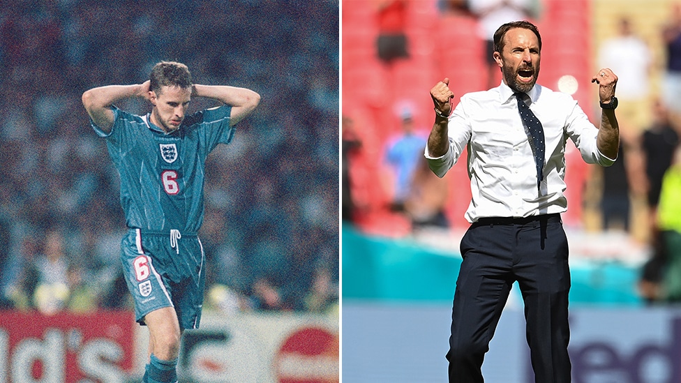 EURO 2020 i fudbal: Three Lions - pesma koja je postala navijačka himna Engleske 5 Split screen of Southgate after his penalty miss in 1996 and in the England v Croatia game in 2021.
