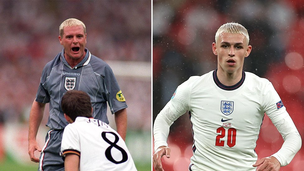 EURO 2020 i fudbal: Three Lions - pesma koja je postala navijačka himna Engleske 3 Paul Gascoigne and Phil Foden with dyed blond hair