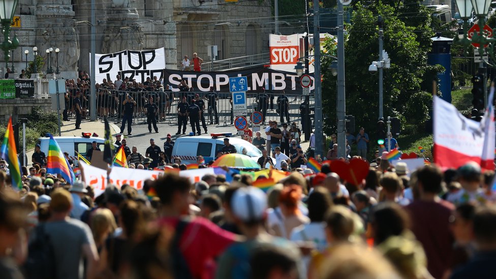Counter-protesters stage a protest during the lesbian, gay, bisexual and transgender (LGBT) Pride Parade in Budapest on July 24, 2021