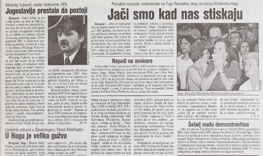 Dvadeset godina od Vidovdana kada je Slobodan Milošević izručen Haškom tribunalu 2