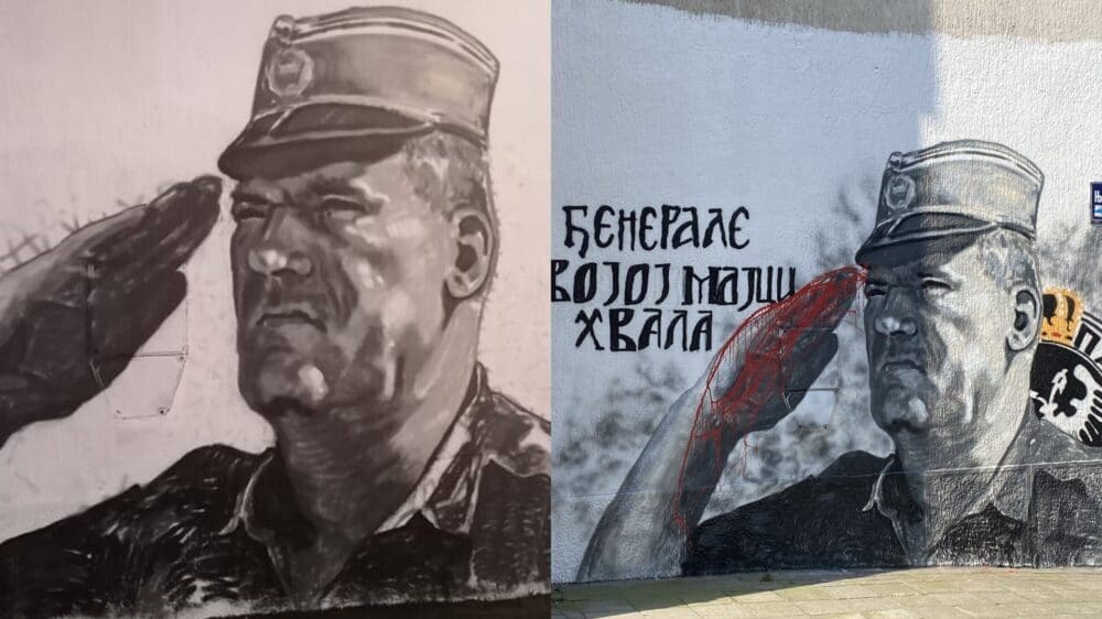 Ruka Ratka Mladića na muralu u Beogradu ofarbana crvenom bojom 2